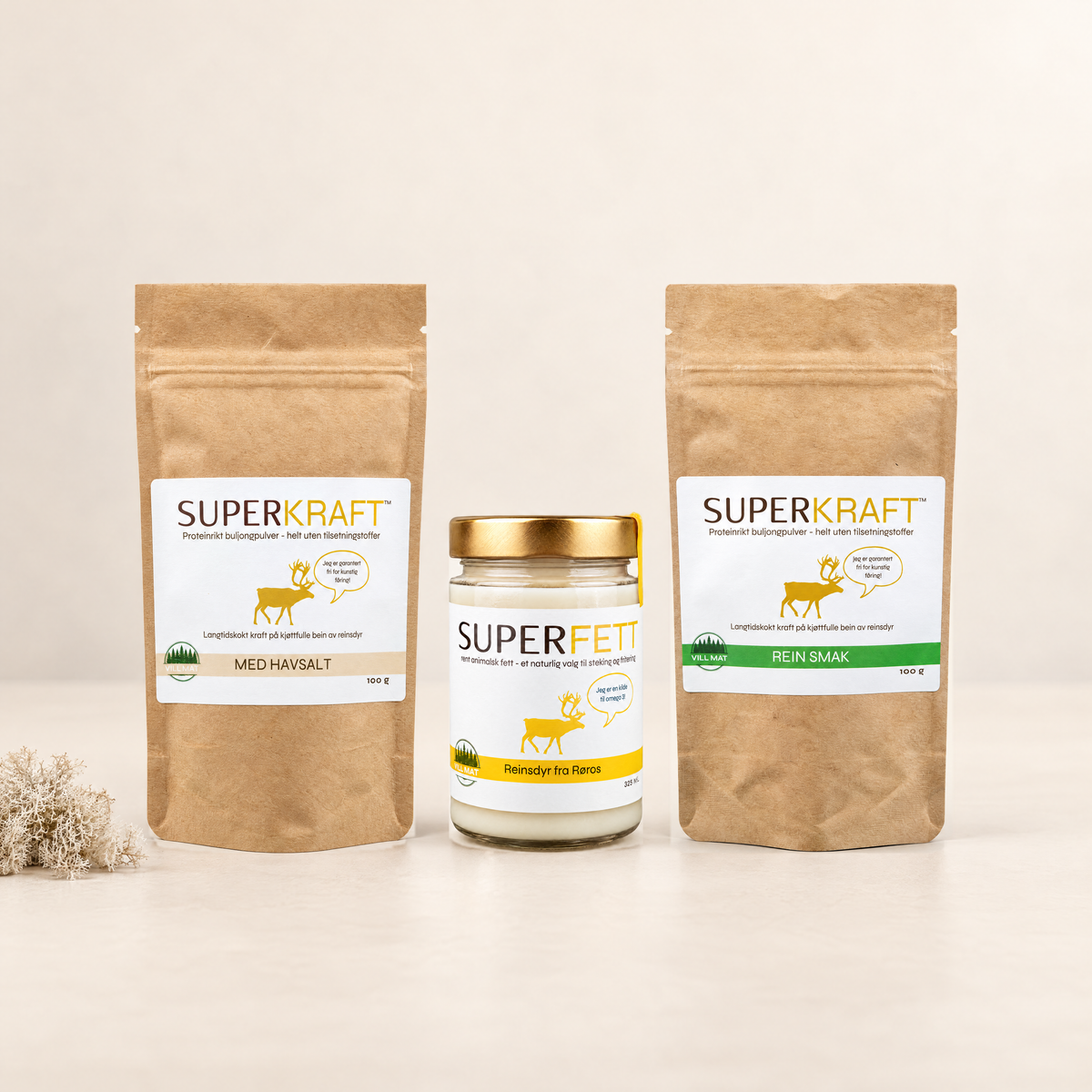 Reinsdyrpakken med poser og Superfett-glass
