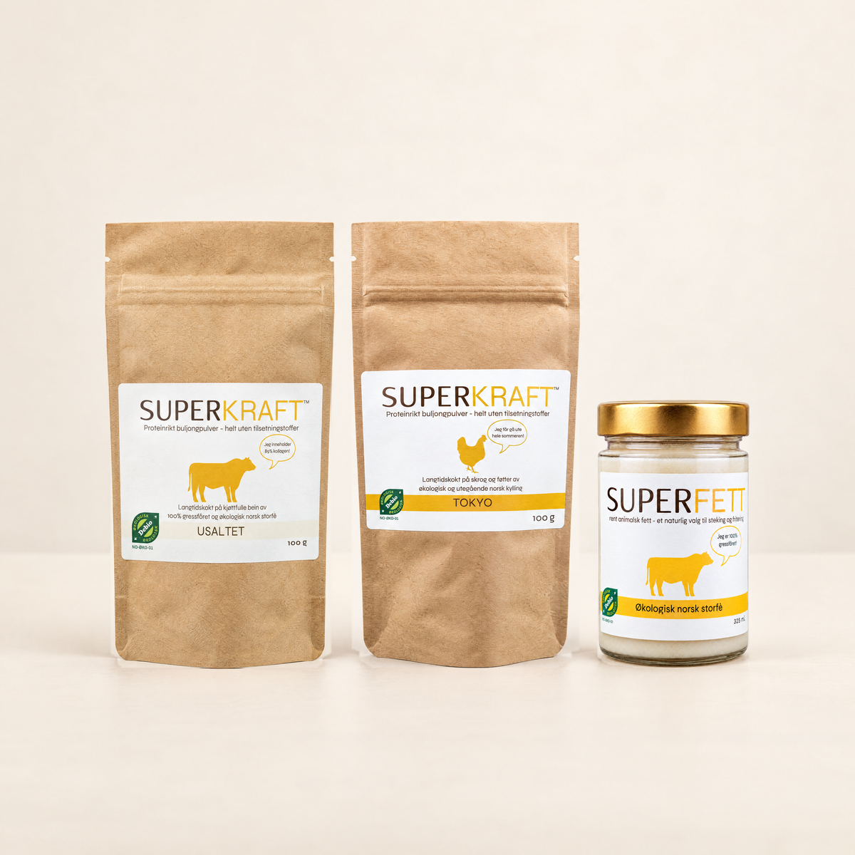 Styrkepakken: Superkraft Usaltet og Tokyo, pose, og Superfett av storfe, glass